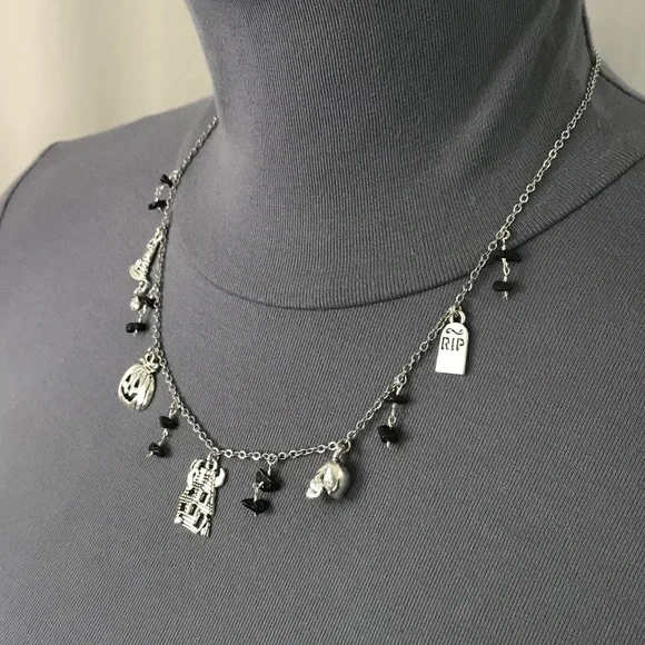 “All Hallows Eve" Handmade Silver Halloween Charm Necklace Haunted House Pumpkin - Picture 5 of 15